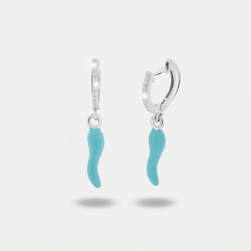 Orecchini in argento 925 con cornetto portafortuna turchese | cornetto argento portafortuna | BYSIMON