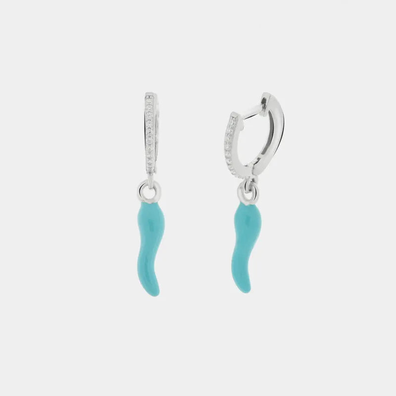 Orecchini in Argento 925 con cornetto portafortuna turchese e zirconi