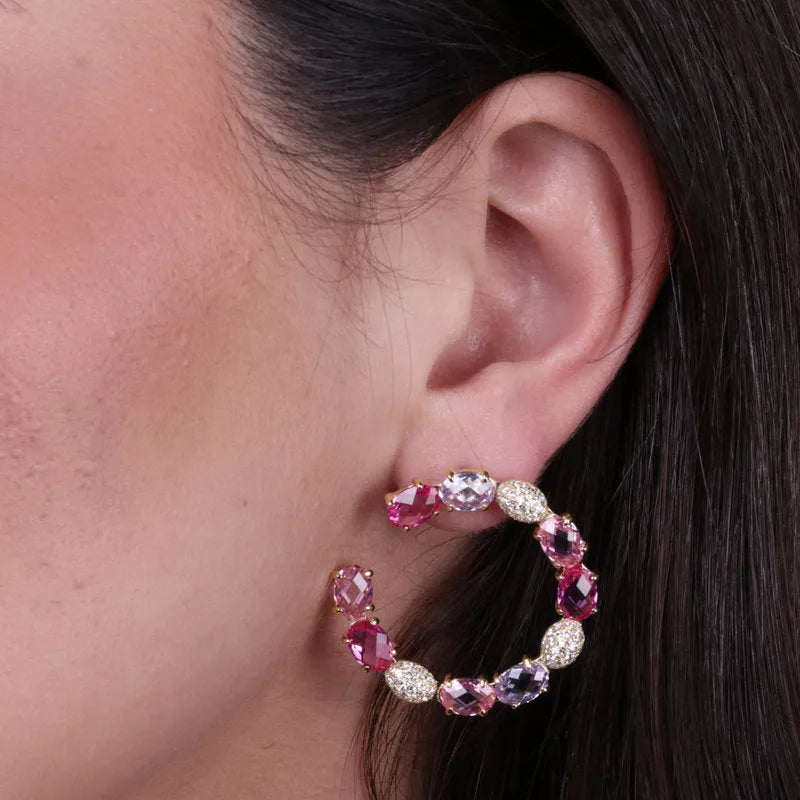 925 Silver hoop earrings with pink and transparent zircons
