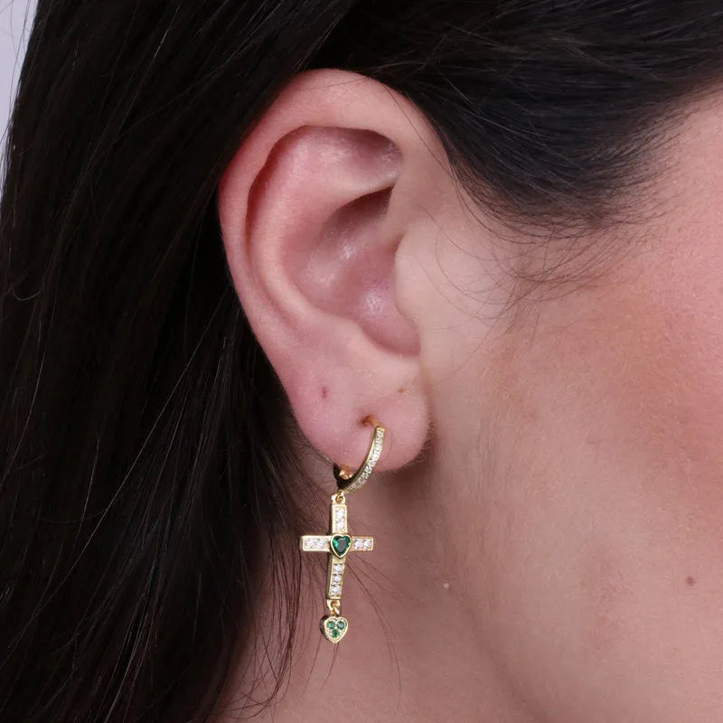 Orecchini in Argento 925 a cerchio con croce verde