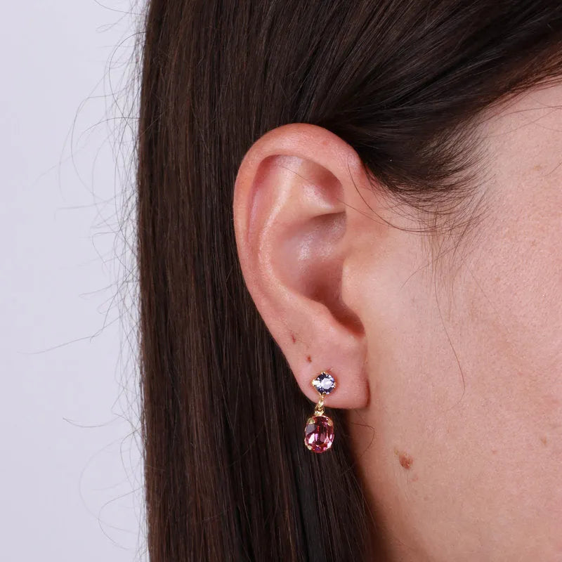 925 Silver earrings with pink oval crystal and purple light point