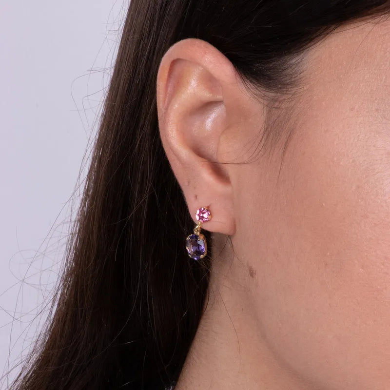 925 Silver earrings with purple oval-shaped crystal and pink light point