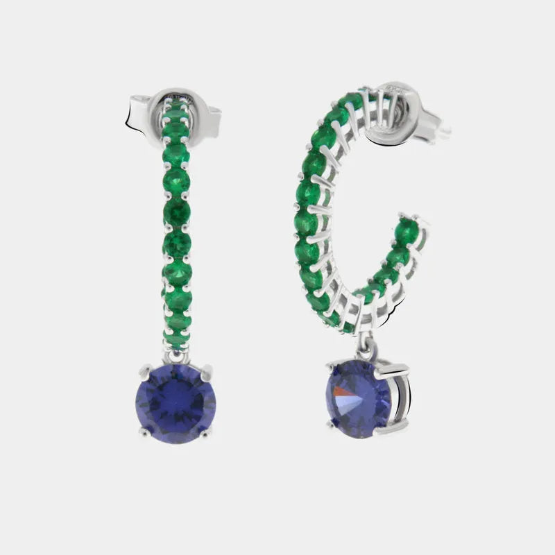 Orecchini in Argento 925 semicerchio con zirconi verdi e pendente viola Collezione Amsterdam - BYSIMON gioielli