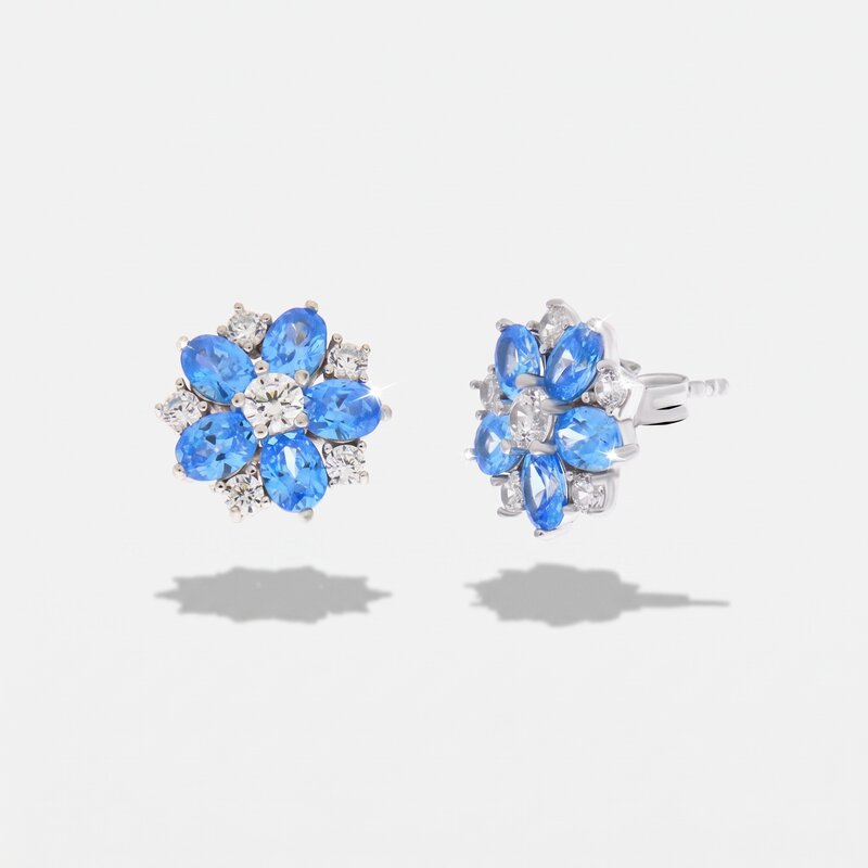 Orecchini in Argento 925  a fiore con zirconi bianchi e blu - BYSIMON gioielli