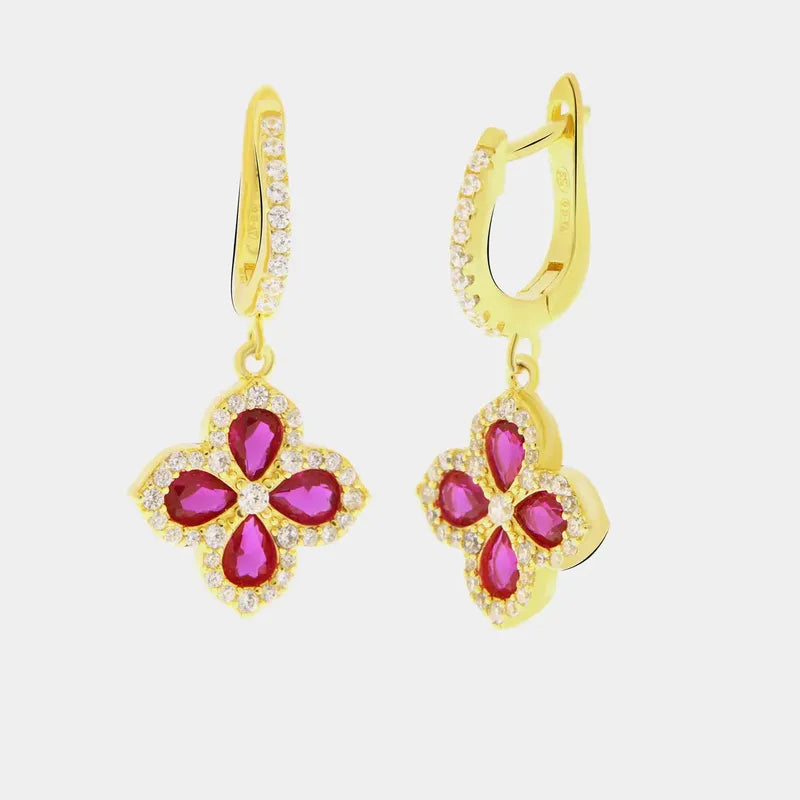 Orecchini in Argento 925 con fiore pendente magenta e zirconi bianchi