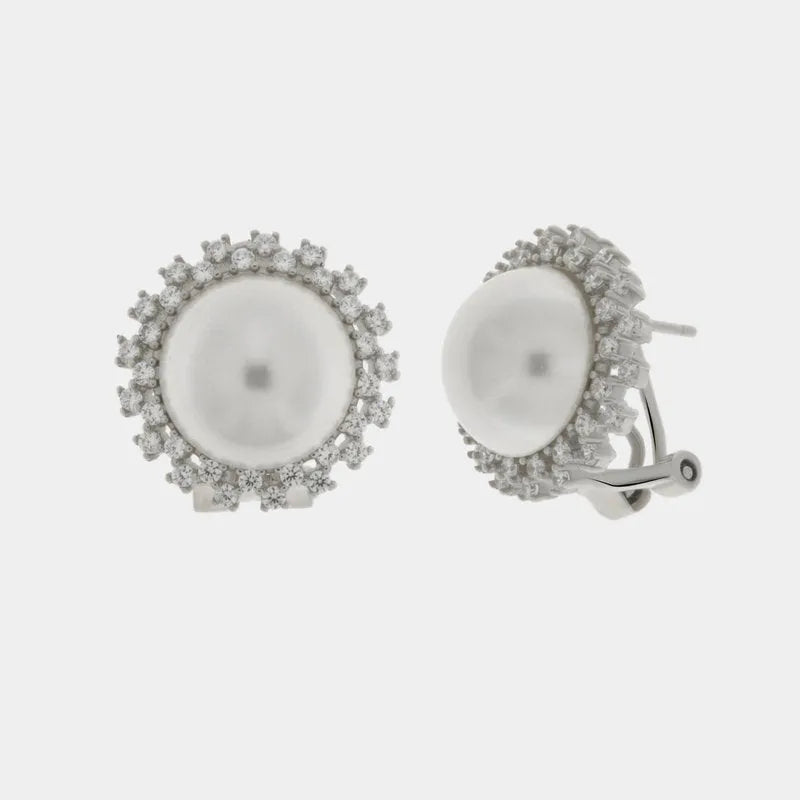 925 Silver Earrings with Freshwater Pearl Center and White Zircons