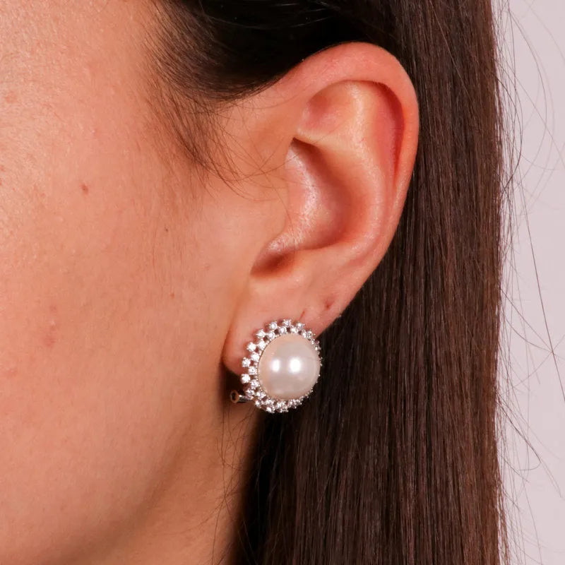 925 Silver Earrings with Freshwater Pearl Center and White Zircons