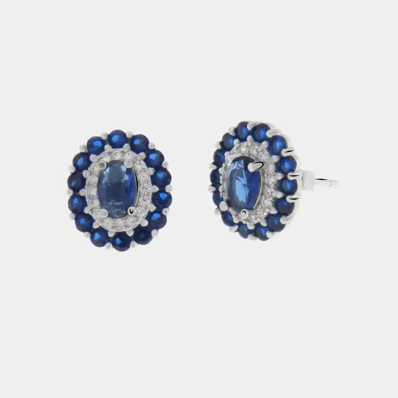 925 Silver Earrings with White and Blue Oval Cut Zirconia