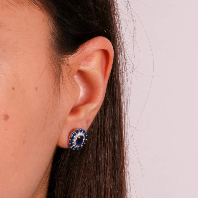 925 Silver Earrings with White and Blue Oval Cut Zirconia