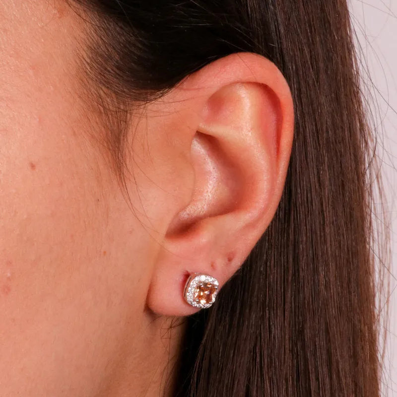 925 Silver Square Earrings with Central Champagne Zircon Surrounded by White Zircons
