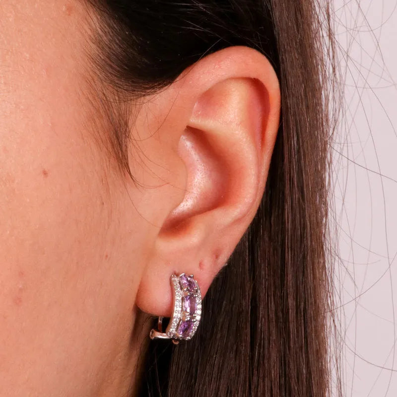 925 Silver Semicircle Earrings with Purple Zirconia