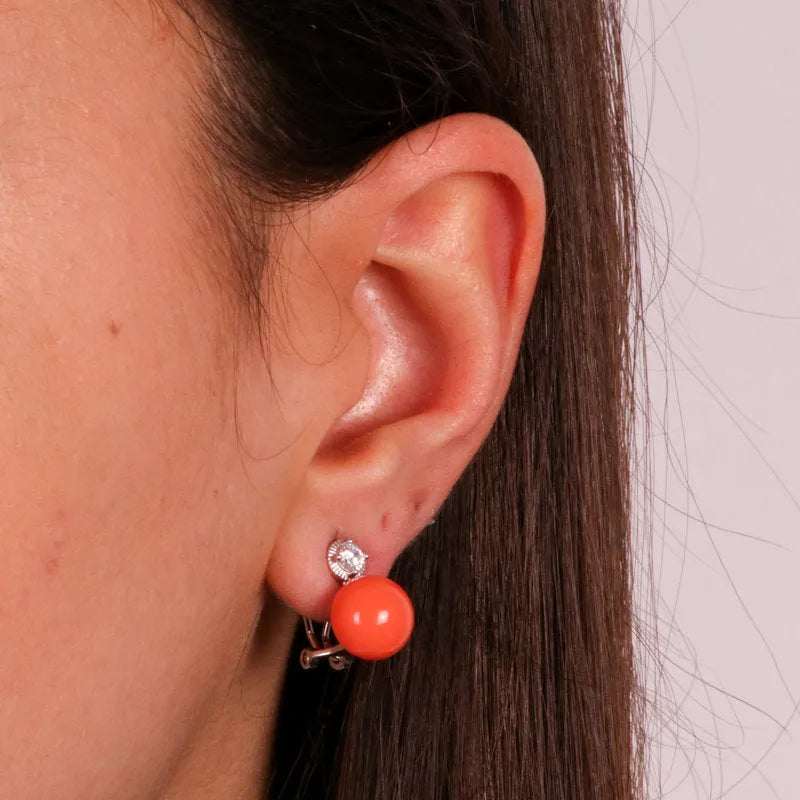 925 Silver Earrings with Coral Paste Pearls and White Cubic Zirconia