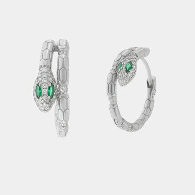 Orecchini argento 925 a cerchio serpente con zirconi verde smeraldo - BYSIMON gioielli
