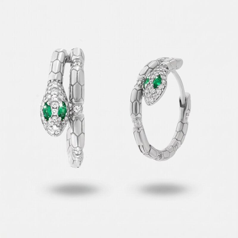 Orecchini argento 925 a cerchio serpente con zirconi verde smeraldo - BYSIMON gioielli