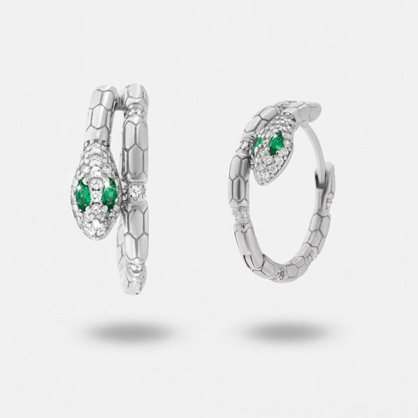 Orecchini argento 925 a cerchio serpente con zirconi verde smeraldo - BYSIMON gioielli