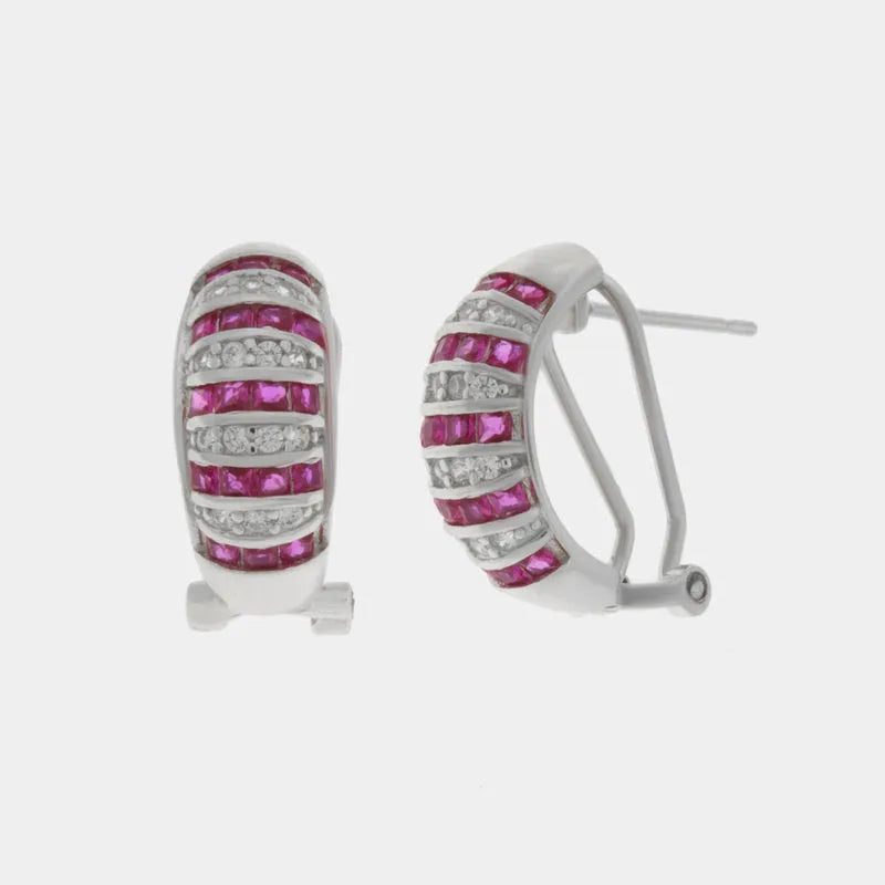 925 Silver Earrings with Magenta and White Zircons