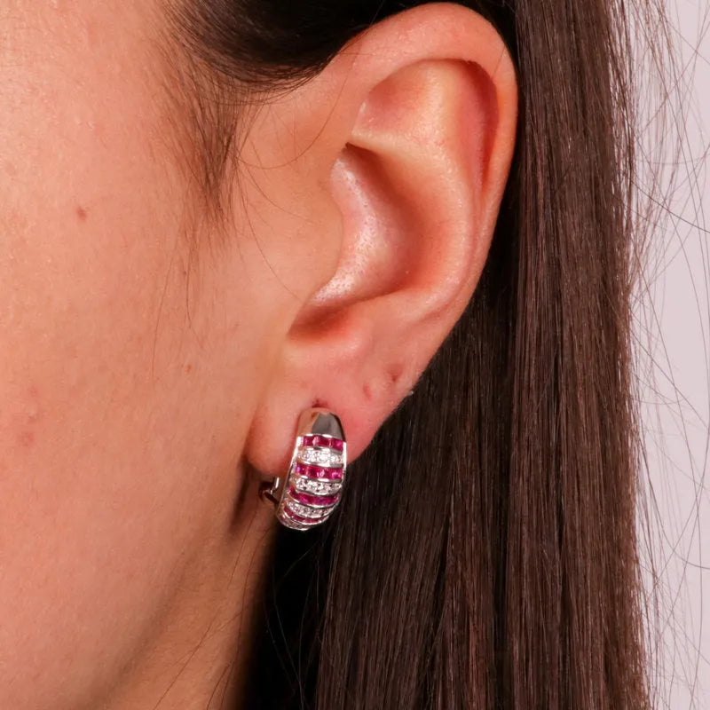 925 Silver Earrings with Magenta and White Zircons
