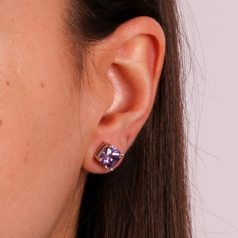 925 Silver Stud Earrings with Central Purple Zircon
