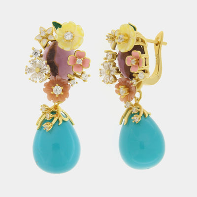 925 Silver Earrings with Mother of Pearl Flowers and Turquoise Pearl