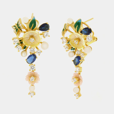 Orecchini argento 925 pendenti con fiori in madreperla e zirconi - BYSIMON gioielli