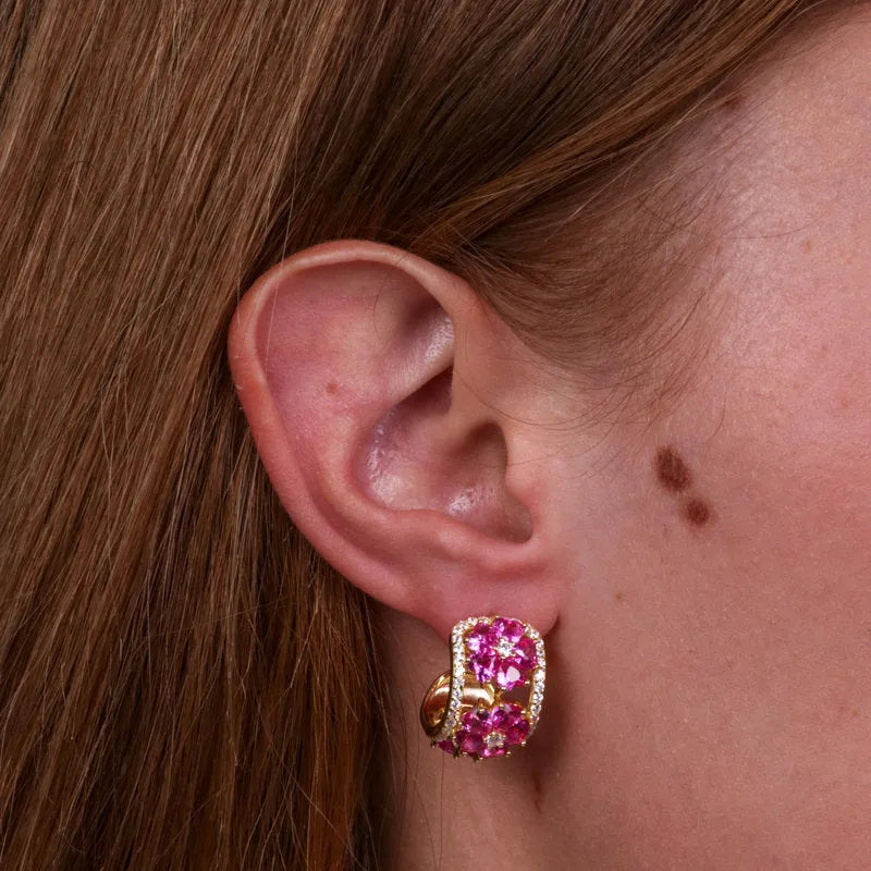 Orecchini in Argento 925 semicerchi con fiori rosa