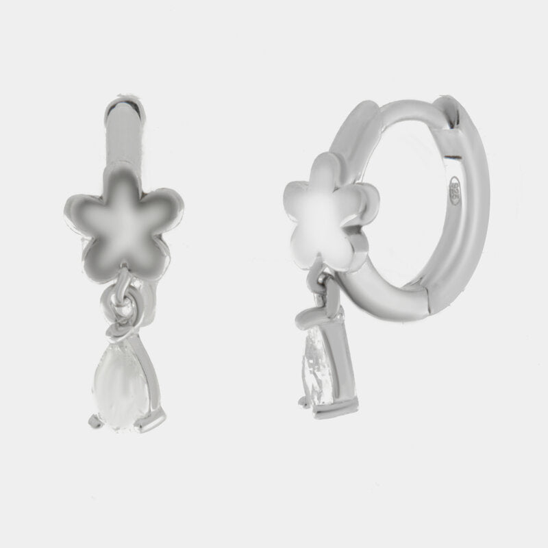 Orecchini in Argento 925 cerchietti con fiore e puntoluce pendente - BYSIMON gioielli