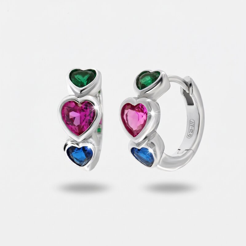 Orecchini in Argento 925 a cerchio con cuori colorati - BYSIMON gioielli
