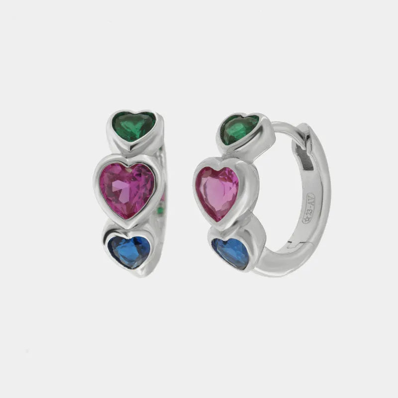 Orecchini in Argento 925 a cerchio con cuori colorati - BYSIMON gioielli