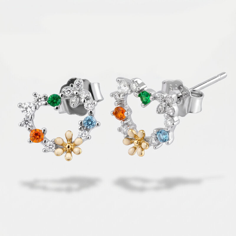 Orecchini in Argento 925 cuore a lobo impreziosito da fiori colorati - BYSIMON gioielli