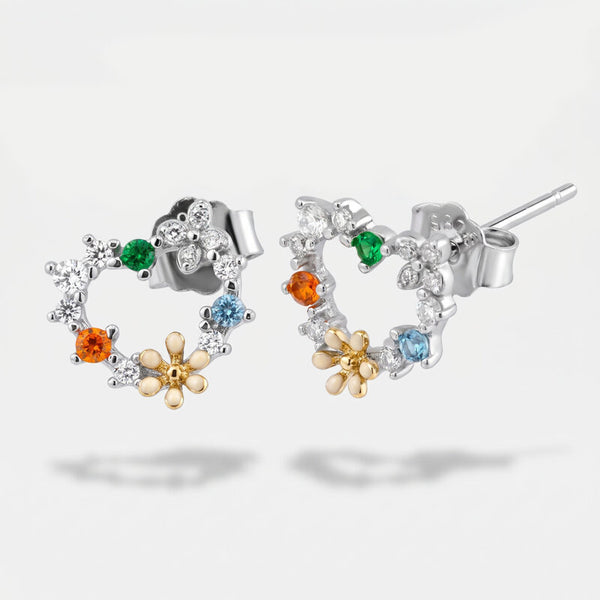 Orecchini in Argento 925 cuore a lobo impreziosito da fiori colorati - BYSIMON gioielli