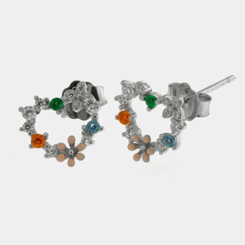 Orecchini in Argento 925 cuore a lobo impreziosito da fiori colorati