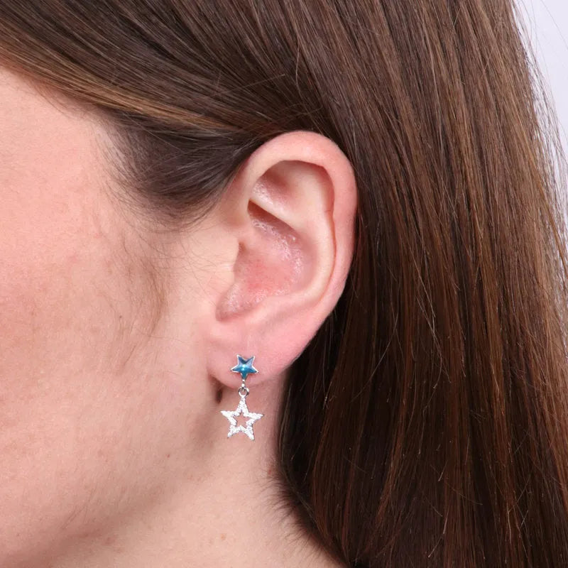 Orecchini in Argento 925 stella zirconata pendente e stella blu a lobo
