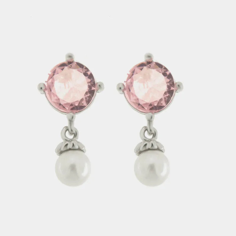 Orecchini in Argento 925 con zircone rosa e perla pendente