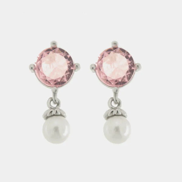 Orecchini in Argento 925 con zircone rosa e perla pendente - BYSIMON gioielli