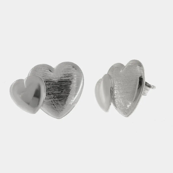Orecchini in Argento 925 con doppio cuore graffiato e lucido - BYSIMON gioielli