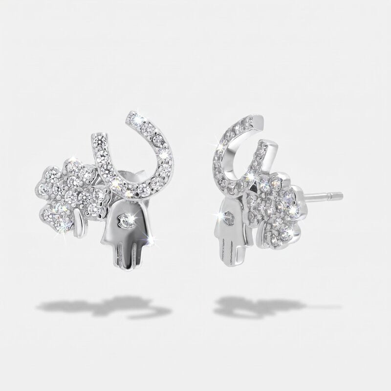 Orecchini in Argento 925 ferro di cavallo mano di fatima quadrifoglio portafortuna Collezione Hanoi - BYSIMON gioielli
