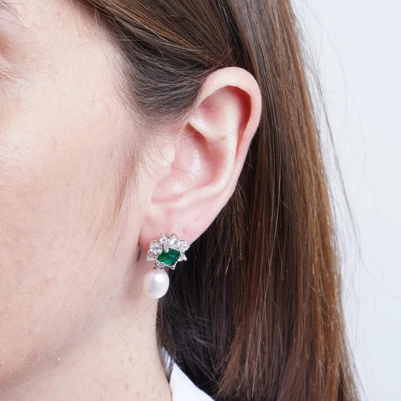 Orecchini in Argento 925 fiore verde con perla Collezione Hanoi - BYSIMON gioielli