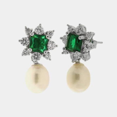 Orecchini in Argento 925 fiore verde con perla Collezione Hanoi - BYSIMON gioielli
