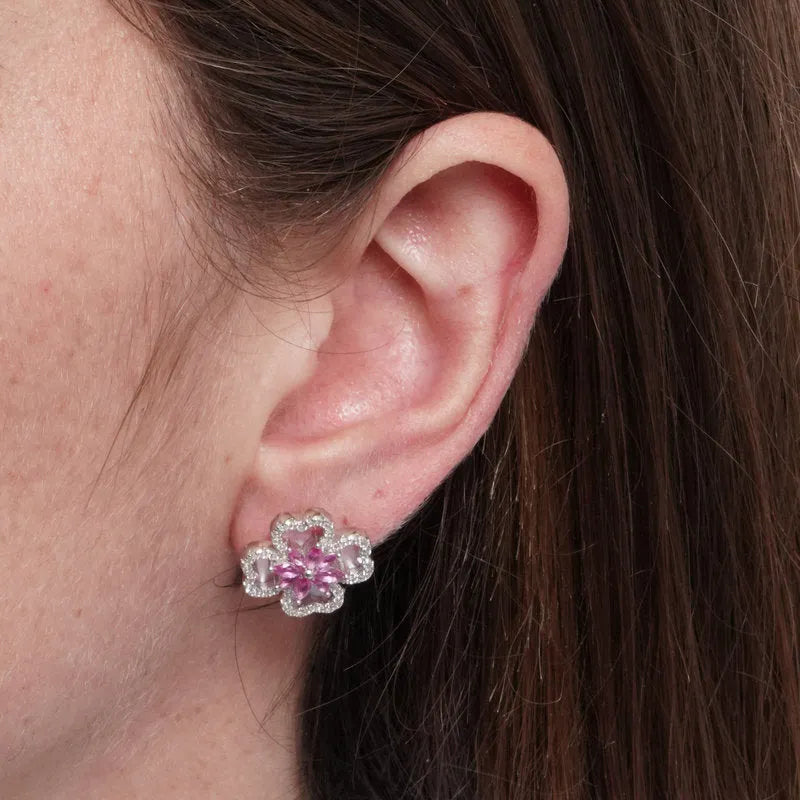 Orecchini in Argento 925 quadrifoglio in madreperla e fiore centrale rosa