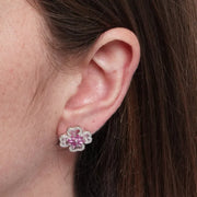 Orecchini in Argento 925 quadrifoglio in madreperla e fiore centrale rosa