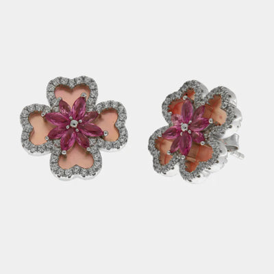 Orecchini argento 925 quadrifoglio in madreperla e fiore rosa - BYSIMON gioielli