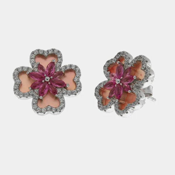 Orecchini argento 925 quadrifoglio in madreperla e fiore rosa - BYSIMON gioielli