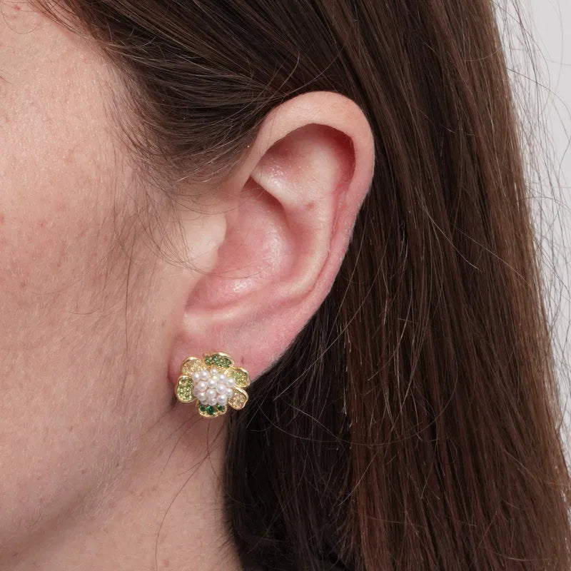 Orecchini in Argento 925 fiore zirconato verde con perle - BYSIMON gioielli