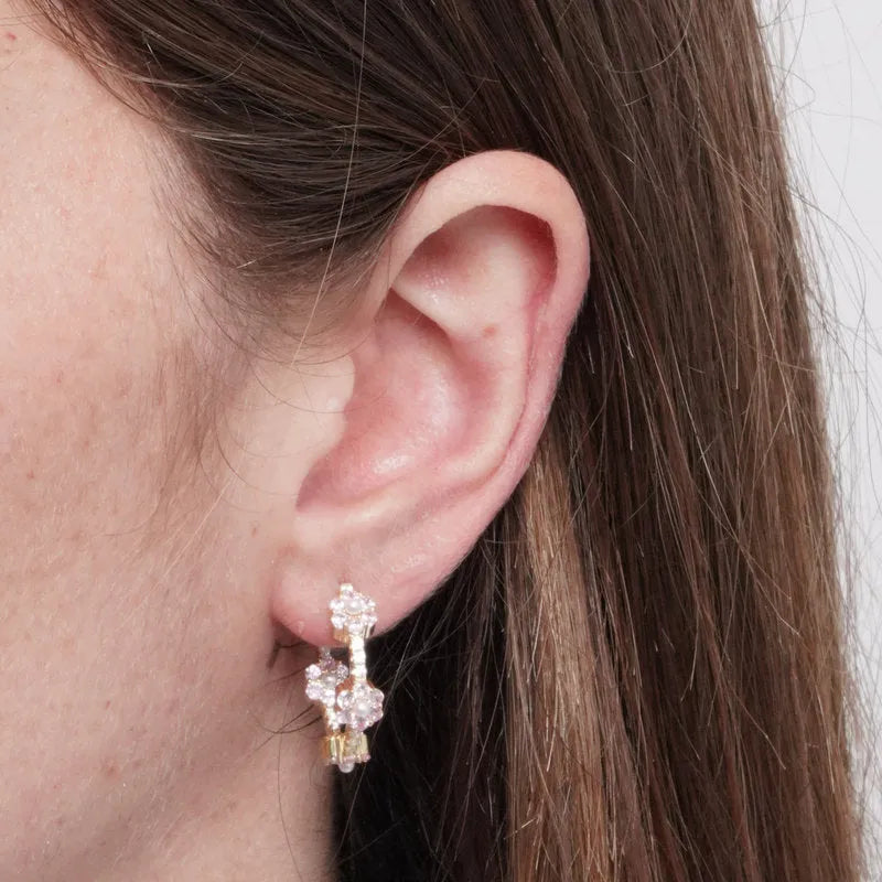 Orecchini in Argento 925 semicerchio con fiori rosa zirconati