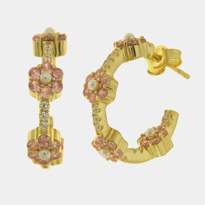 Orecchini argento 925 semicerchio con fiori rosa zirconati - BYSIMON gioielli