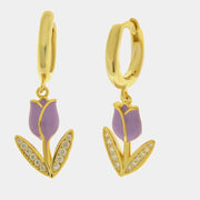Orecchini in Argento 925 tulipano lilla e foglie zirconate