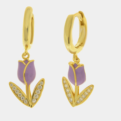 Orecchini in Argento 925 tulipano lilla e foglie zirconate - BYSIMON gioielli