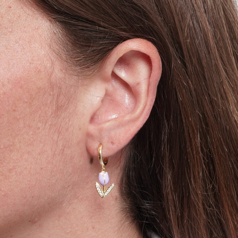 Orecchini in Argento 925 tulipano lilla e foglie zirconate - BYSIMON gioielli