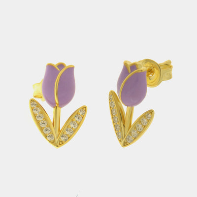 Orecchini in Argento 925 tulipano lilla e foglie zirconate - BYSIMON gioielli