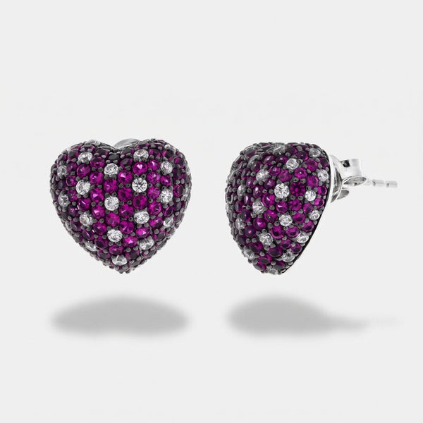 Orecchini argento 925 cuore bombato con pavè rossi - BYSIMON gioielli